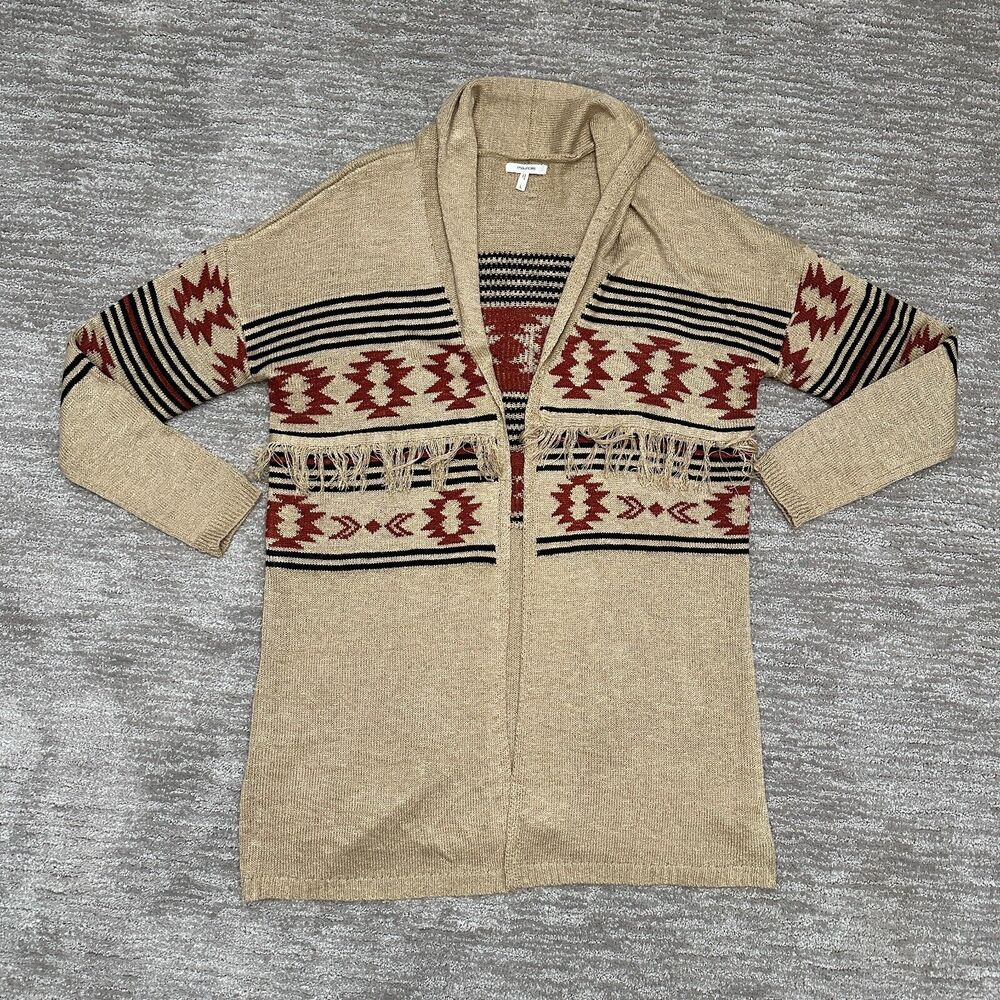 Maurices Sweater Womens Large Brown Aztec Southwestern Fringe Open Front